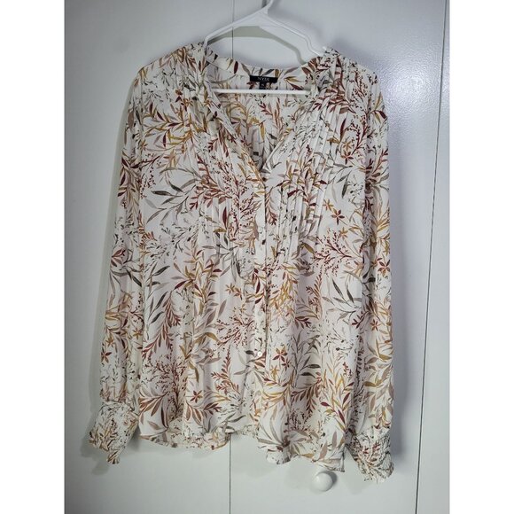 NYDJ Women's XL Pleated Peasant Blouse Smock Cuffs Floral - Picture 2 of 8